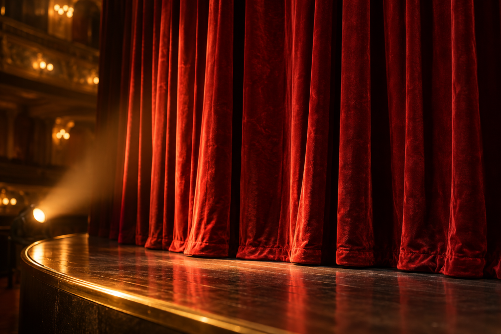 Primer plano de telón rojo iluminado en un escenario teatral